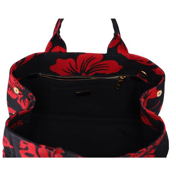 PRADA Canapa Tote Bag Black Red Canvas Leaves Print - Picture 8 of 9